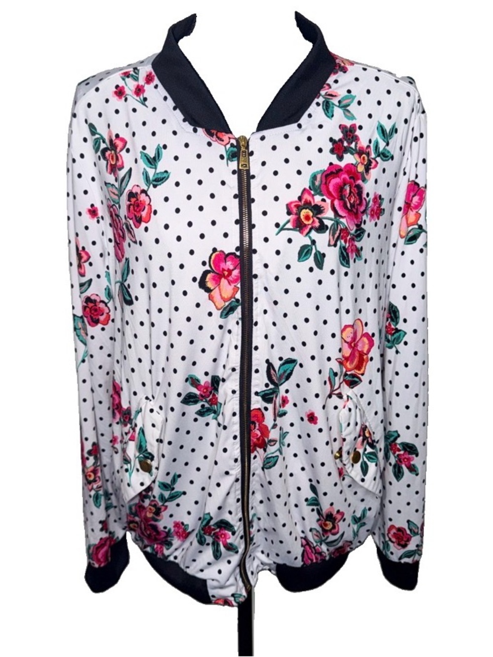ROBERT LOUIS Floral Print Pink Black Lightweight Silky Bomber Zip Jacket Sz XL